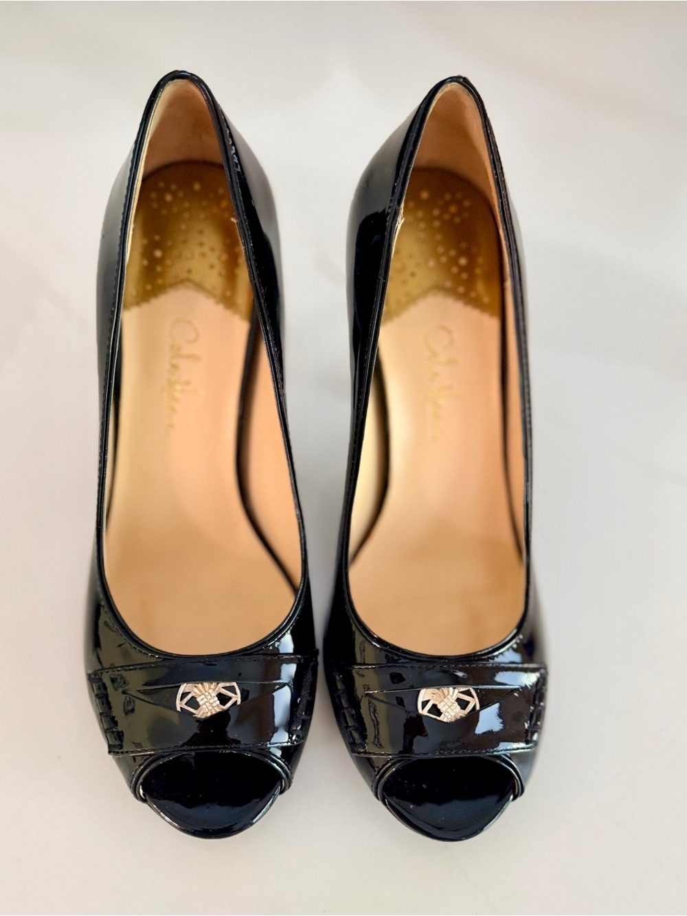 Cole Haan Penny Collection Black Patent Peep-Toe Heels with Silver Accent